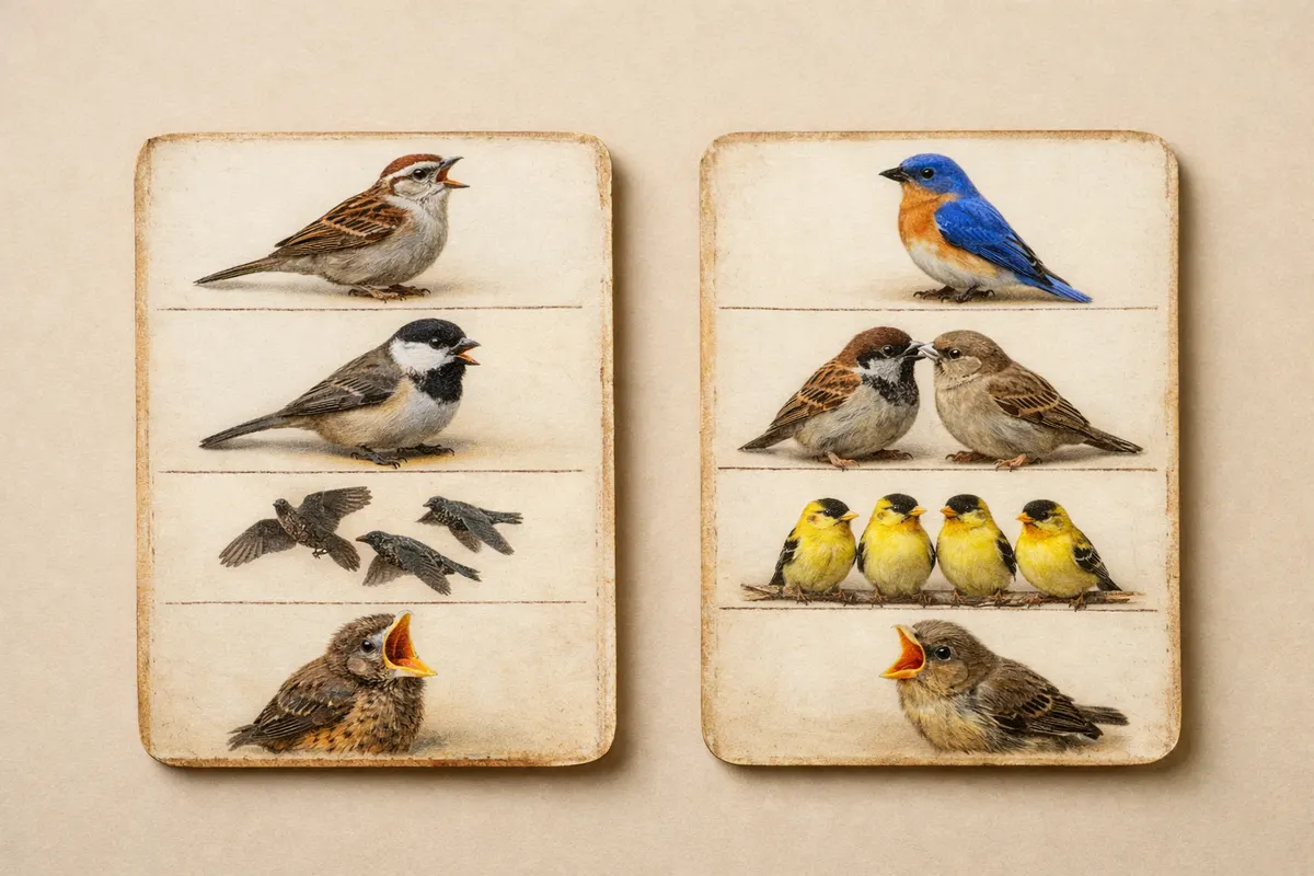 Side-by-side field-note card comparing sharp alarm calls, soft contact calls, flock calls, and begging calls