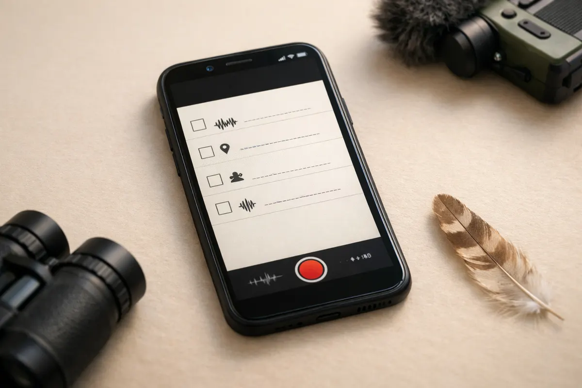 Phone audio recording checklist with simple fields for repeated sound, location, time of day, and background noise
