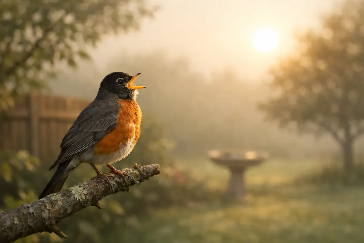 Early morning backyard scene with simple labels for territory, mate calls, light level, and sound travel